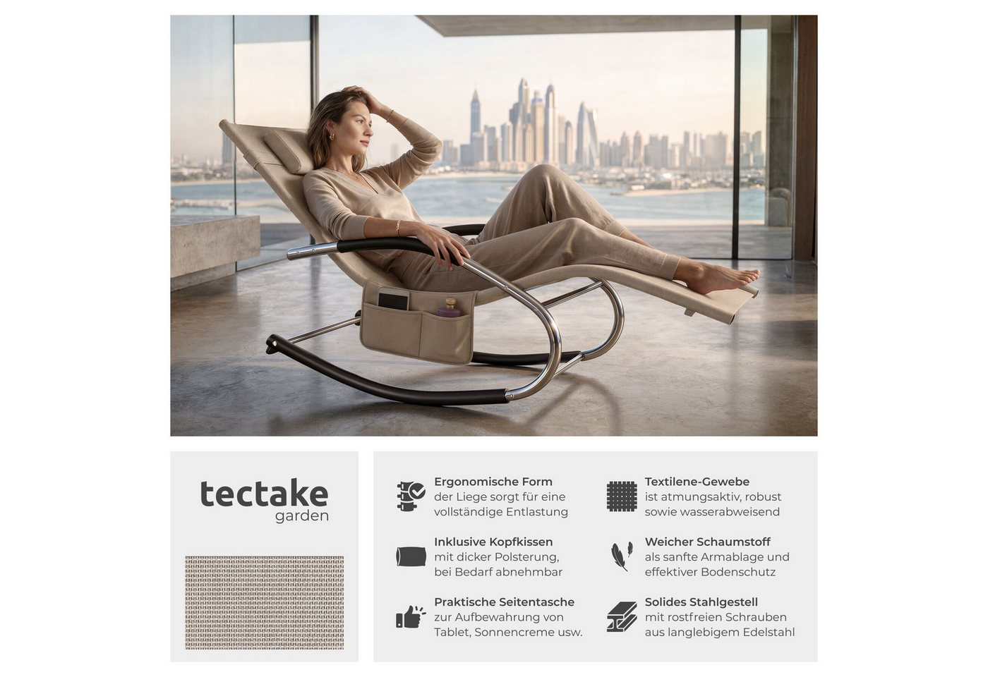 tectake Gartenliege Relaxliege ergonomisch, wetterfest, mit Kopfkissen, atmungsaktiv, Liegestuhl Taya, 1 St., in Beige, komfortable Schwingbewegung und geschwun – Bild 2 von 5