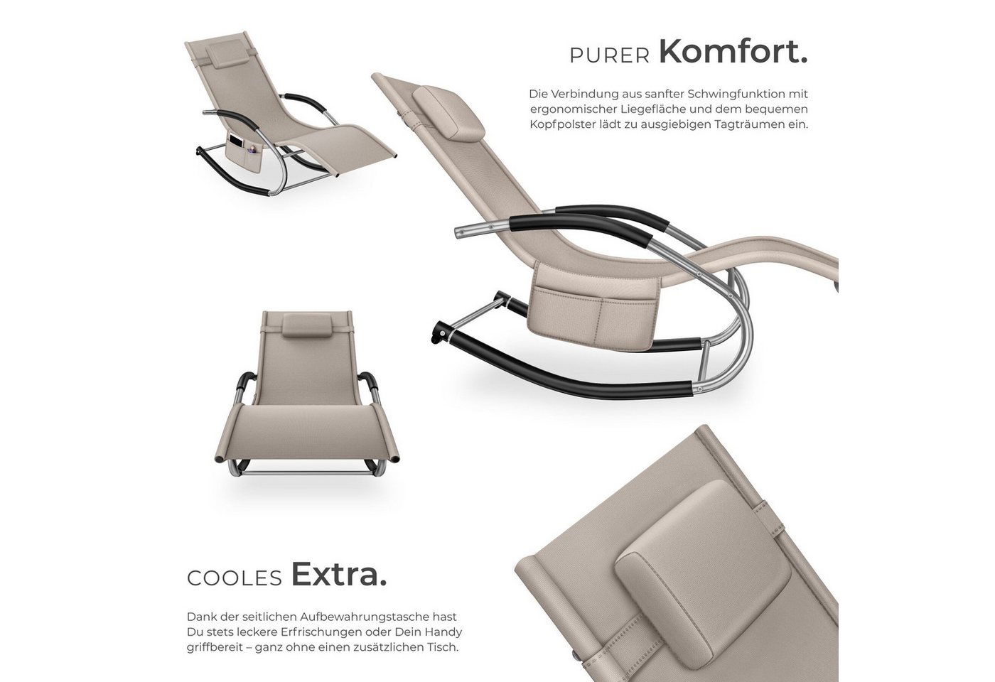 tectake Gartenliege Relaxliege ergonomisch, wetterfest, mit Kopfkissen, atmungsaktiv, Liegestuhl Taya, 1 St., in Beige, komfortable Schwingbewegung und geschwun – Bild 3 von 5