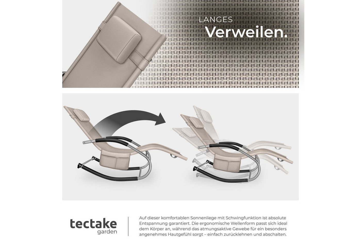 tectake Gartenliege Relaxliege ergonomisch, wetterfest, mit Kopfkissen, atmungsaktiv, Liegestuhl Taya, 1 St., in Beige, komfortable Schwingbewegung und geschwun – Bild 4 von 5