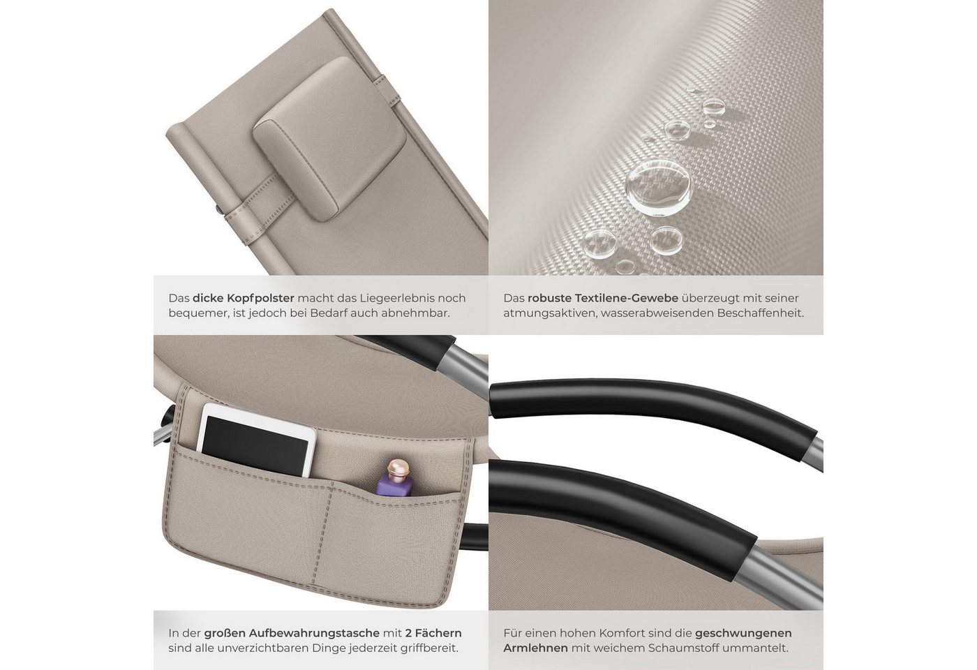 tectake Gartenliege Relaxliege ergonomisch, wetterfest, mit Kopfkissen, atmungsaktiv, Liegestuhl Taya, 1 St., in Beige, komfortable Schwingbewegung und geschwun – Bild 5 von 5
