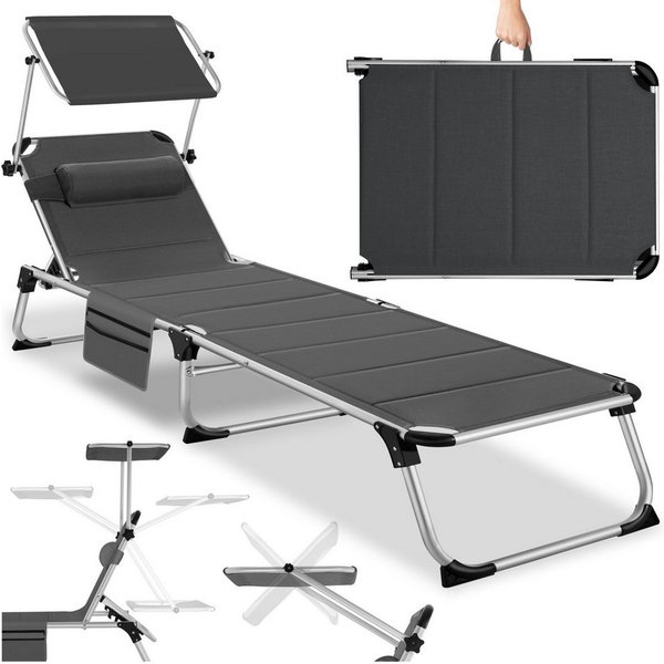 tectake Gartenliege Relaxliege mit Dach, gepolstert, klappbar, Klappliege Aluminium Lorella, 1 St., in Grau, wetterfest, UV-beständig, Inkl. Seitentasche