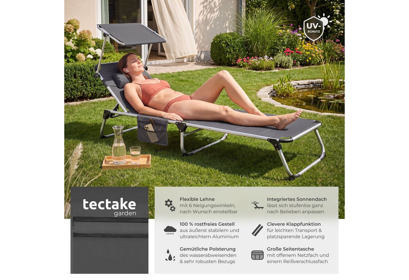 tectake Gartenliege Relaxliege mit Dach, gepolstert, klappbar, Klappliege Aluminium Lorella, 1 St., in Grau, wetterfest, UV-beständig, Inkl. Seitentasche – Bild 2 von 5