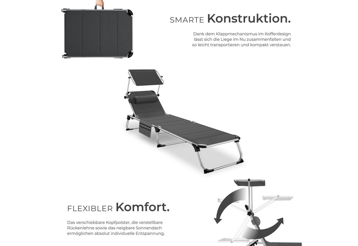 tectake Gartenliege Relaxliege mit Dach, gepolstert, klappbar, Klappliege Aluminium Lorella, 1 St., in Grau, wetterfest, UV-beständig, Inkl. Seitentasche – Bild 3 von 5