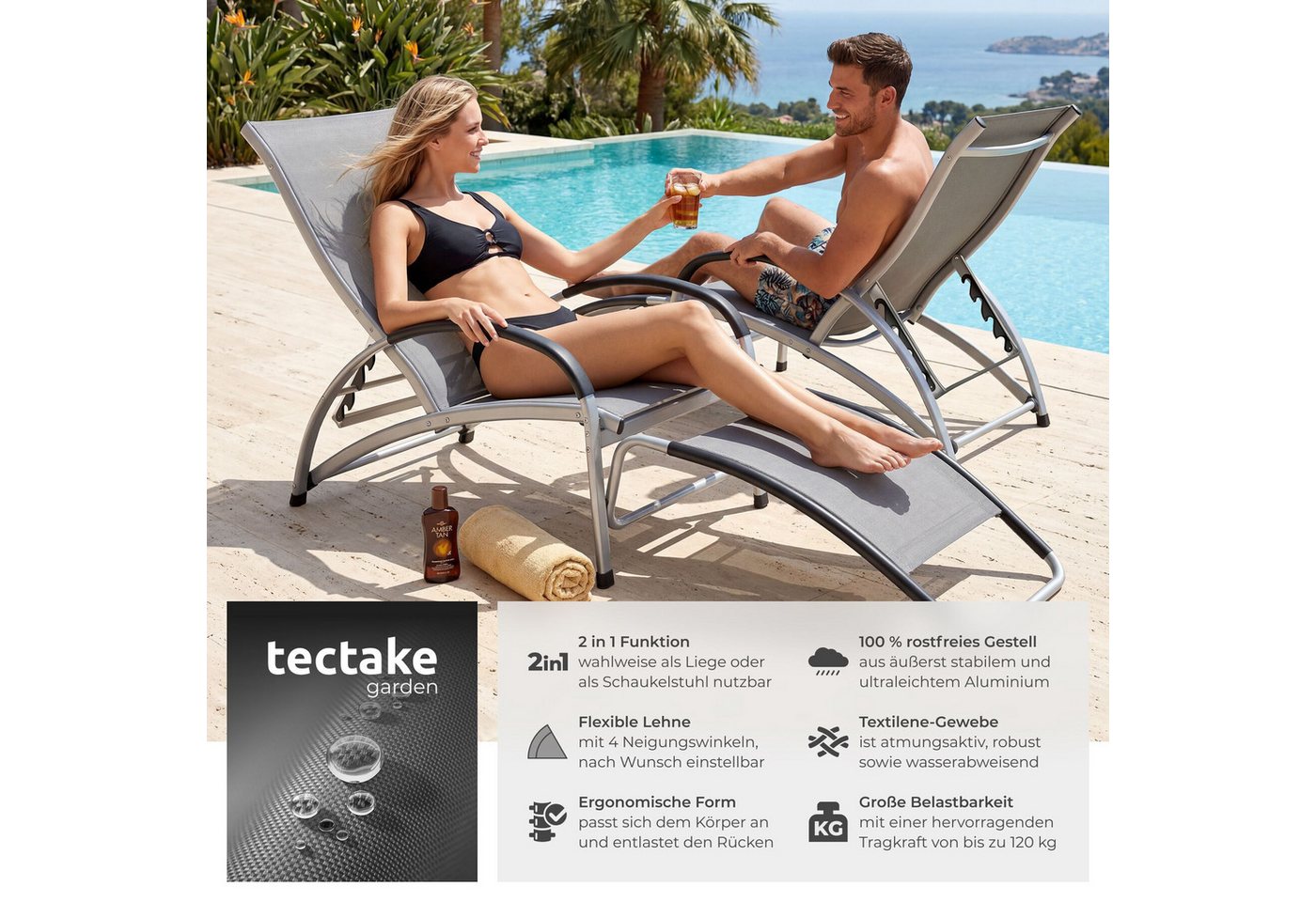 tectake Gartenliege Sonnenliege, 2 in 1 Funktion, verstellbare Rückenlehne, wetterfest, Multifunktionsliege Avignon, 2 St., in anthrazit, wasserabweisend, luftd – Bild 2 von 5