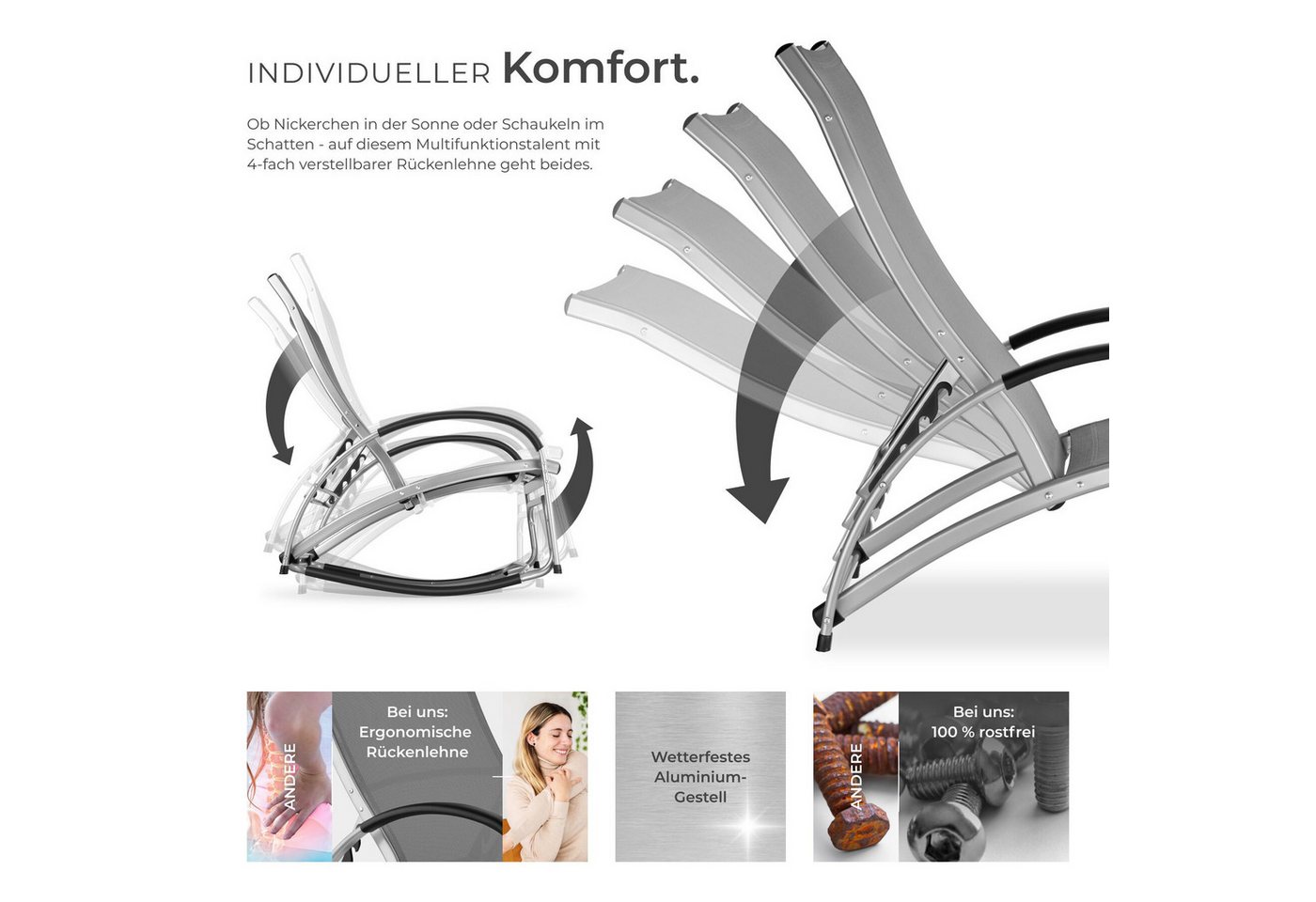 tectake Gartenliege Sonnenliege, 2 in 1 Funktion, verstellbare Rückenlehne, wetterfest, Multifunktionsliege Avignon, 2 St., in anthrazit, wasserabweisend, luftd – Bild 3 von 5