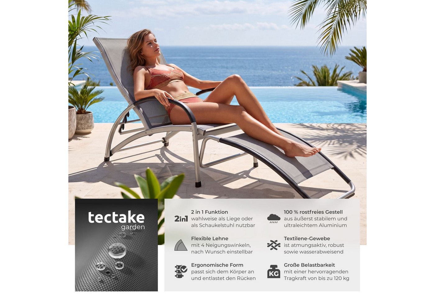 tectake Gartenliege Sonnenliege, 2 in 1 Funktion, verstellbare Rückenlehne, wetterfest, Multifunktionsliege Avignon, 1 St., in anthrazit, wasserabweisend, luftd – Bild 2 von 5