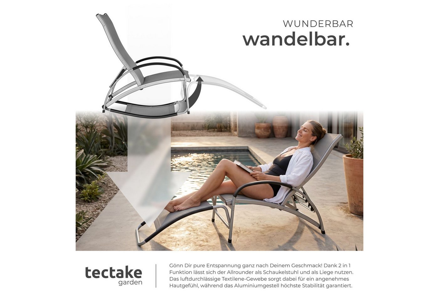 tectake Gartenliege Sonnenliege, 2 in 1 Funktion, verstellbare Rückenlehne, wetterfest, Multifunktionsliege Avignon, 1 St., in anthrazit, wasserabweisend, luftd – Bild 5 von 5