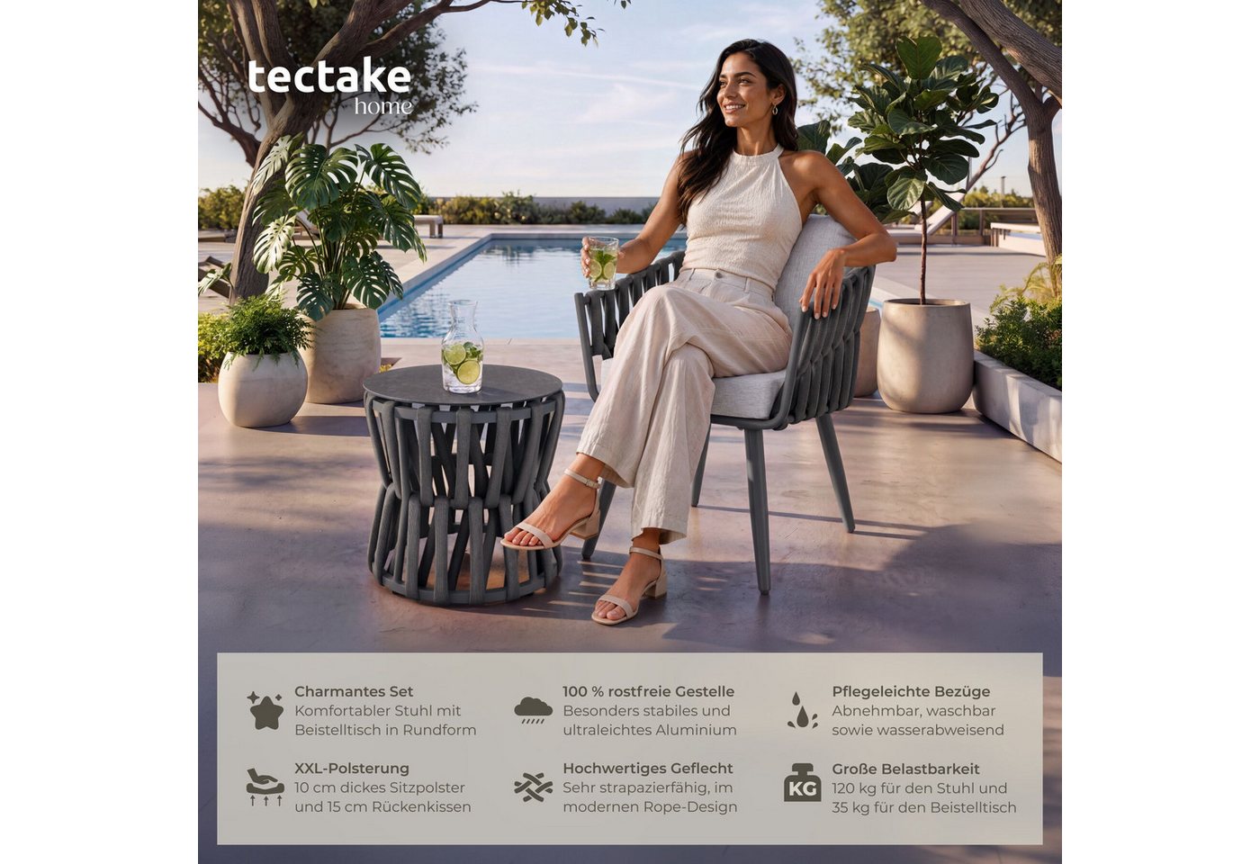 tectake Gartenlounge-Set Aluminium Sitzgruppe, höhenverstellbar, mit Sicherheitsglasplatte, (Gartenmöbel Garnitur Lugano, 2-tlg., im Rope-Design in anthrazit/gr – Bild 2 von 5
