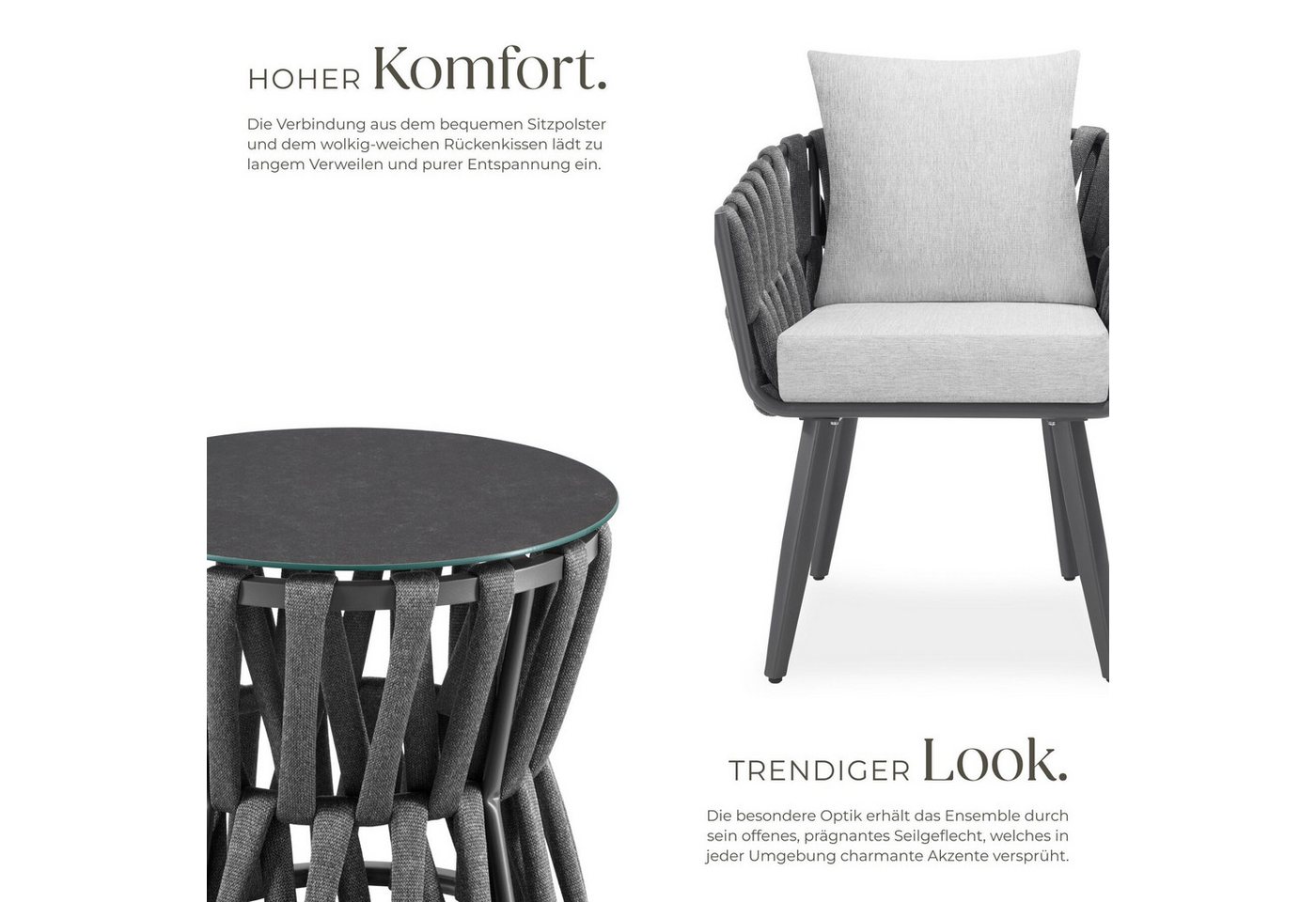 tectake Gartenlounge-Set Aluminium Sitzgruppe, höhenverstellbar, mit Sicherheitsglasplatte, (Gartenmöbel Garnitur Lugano, 2-tlg., im Rope-Design in anthrazit/gr – Bild 3 von 5