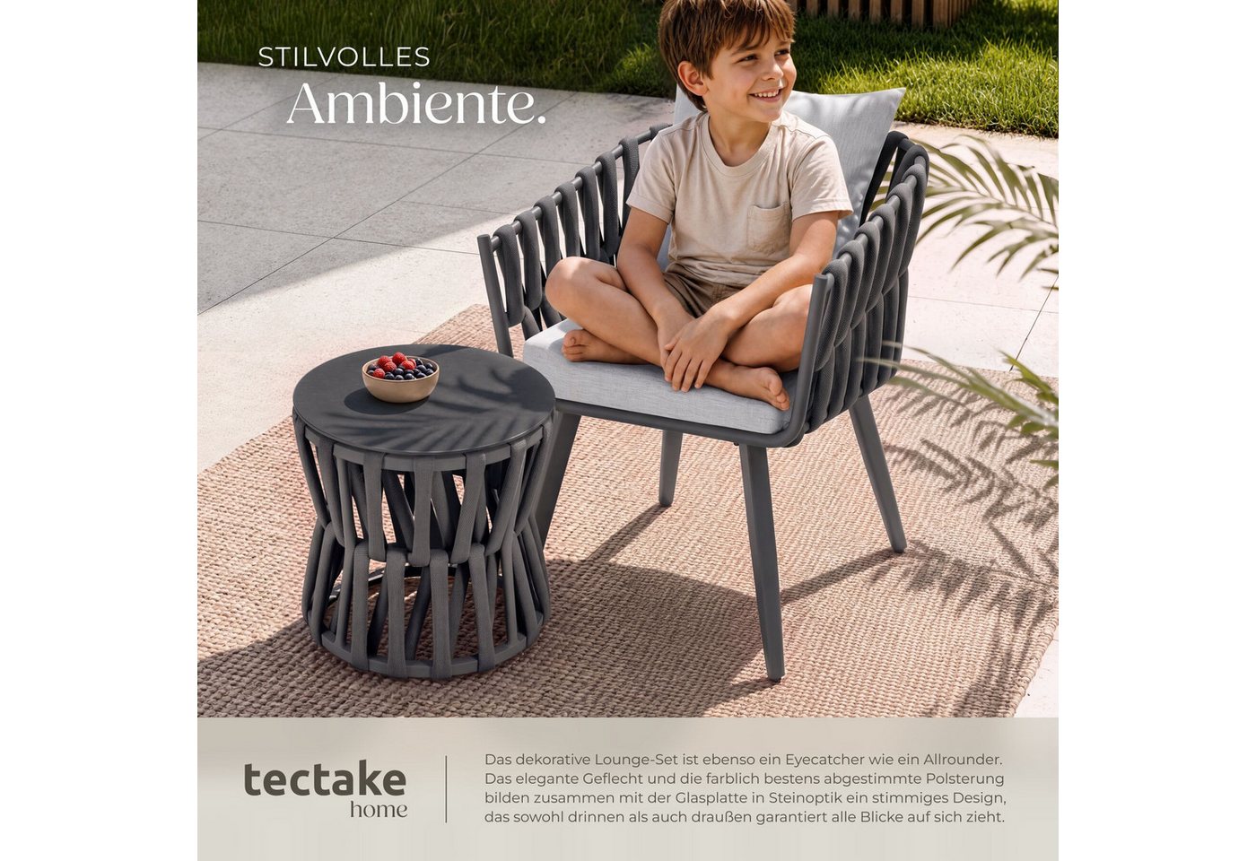 tectake Gartenlounge-Set Aluminium Sitzgruppe, höhenverstellbar, mit Sicherheitsglasplatte, (Gartenmöbel Garnitur Lugano, 2-tlg., im Rope-Design in anthrazit/gr – Bild 4 von 5