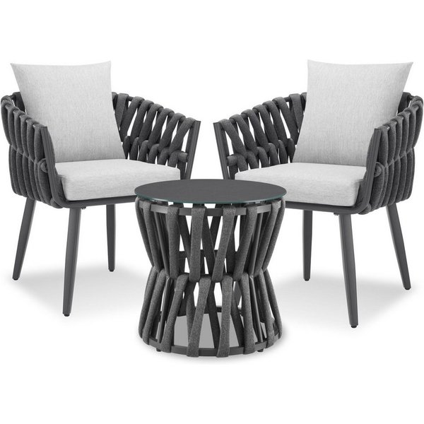 tectake Gartenlounge-Set Aluminium Sitzgruppe, höhenverstellbar, mit Sicherheitsglasplatte, (Gartenmöbel Garnitur Lugano, 3-tlg., im Rope-Design in anthrazit/gr