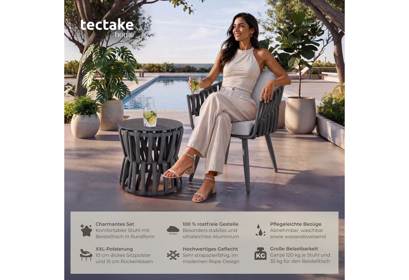 tectake Gartenlounge-Set Aluminium Sitzgruppe, höhenverstellbar, mit Sicherheitsglasplatte, (Gartenmöbel Garnitur Lugano, 3-tlg., im Rope-Design in anthrazit/gr – Bild 2 von 5