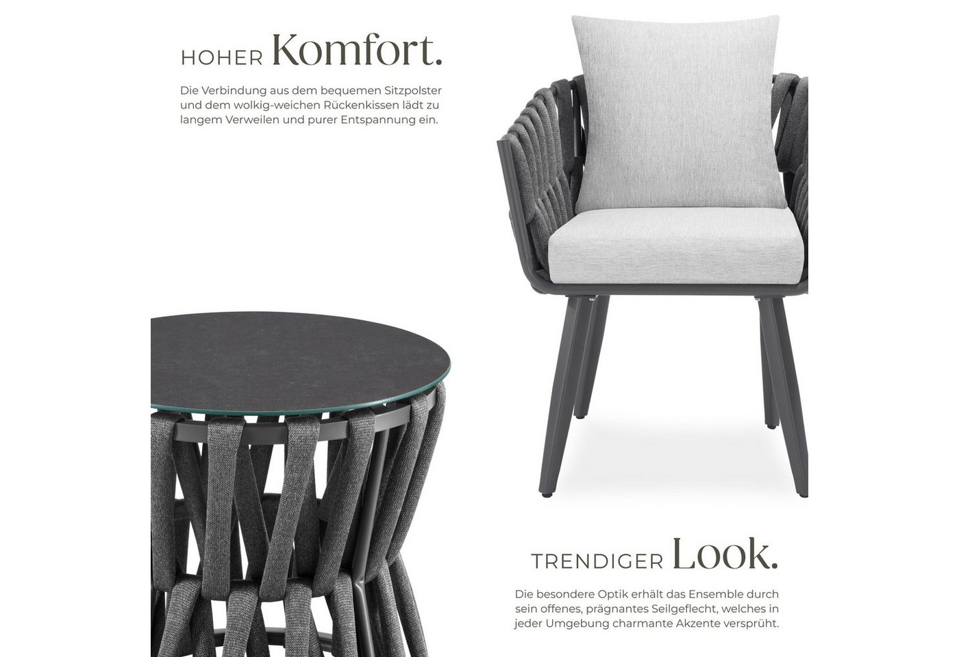 tectake Gartenlounge-Set Aluminium Sitzgruppe, höhenverstellbar, mit Sicherheitsglasplatte, (Gartenmöbel Garnitur Lugano, 3-tlg., im Rope-Design in anthrazit/gr – Bild 3 von 5