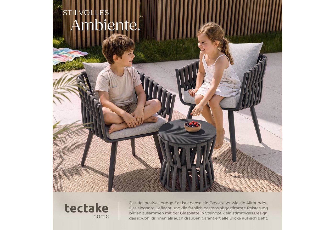 tectake Gartenlounge-Set Aluminium Sitzgruppe, höhenverstellbar, mit Sicherheitsglasplatte, (Gartenmöbel Garnitur Lugano, 3-tlg., im Rope-Design in anthrazit/gr – Bild 4 von 5