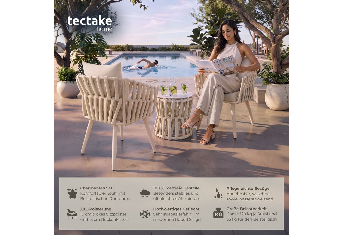 tectake Gartenlounge-Set Rope-Design aus Aluminium, wetterfest, dicke Polster, (Gartenlounge Set 2 Personen Lugano, 3-tlg., in Beige), Belastbarkeit Stuhl 120 k – Bild 2 von 5