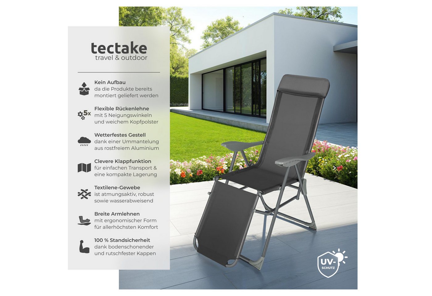 tectake Gartenstuhl Balkonstuhl, klappbar, Textilene-Gewebe, 146,5 x 59 x 117,5 cm (Terrassenstuhl Jana für Außen in Antrazit, 2 St), wetterfest und UV-beständi – Bild 2 von 5