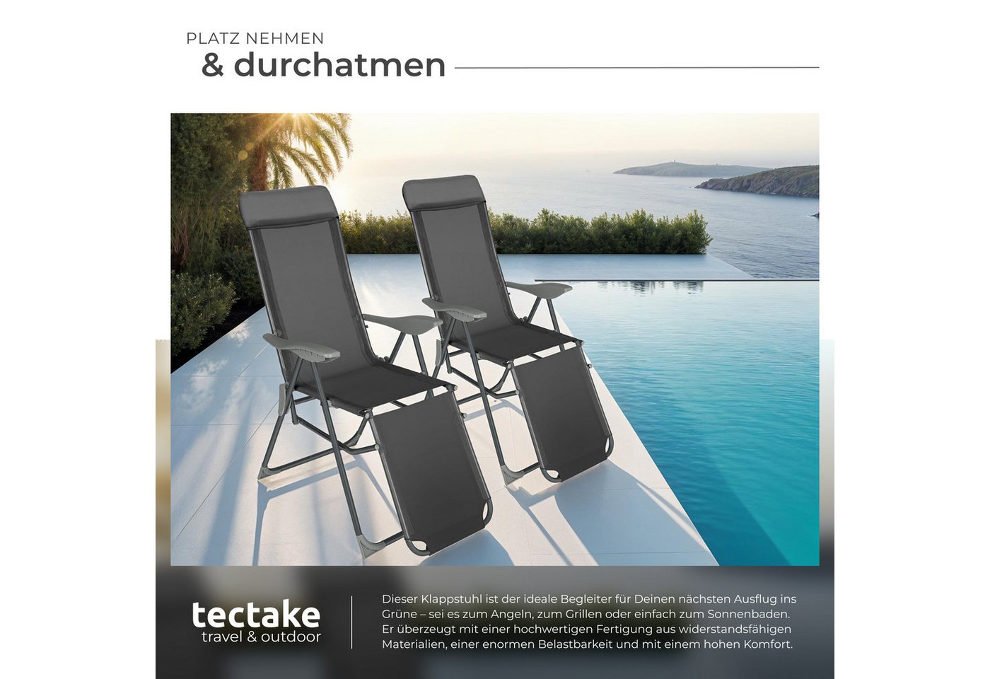 tectake Gartenstuhl Balkonstuhl, klappbar, Textilene-Gewebe, 146,5 x 59 x 117,5 cm (Terrassenstuhl Jana für Außen in Antrazit, 2 St), wetterfest und UV-beständi – Bild 4 von 5