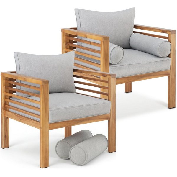tectake Gartenstuhl Balkonstuhl, mit lasiertem Holzgestell, 72 x 63 x 64,5 cm (Terrassenstuhl Boka für Außen in Braun, 2 St), wetterfest, Dicke des Sitzpolsters