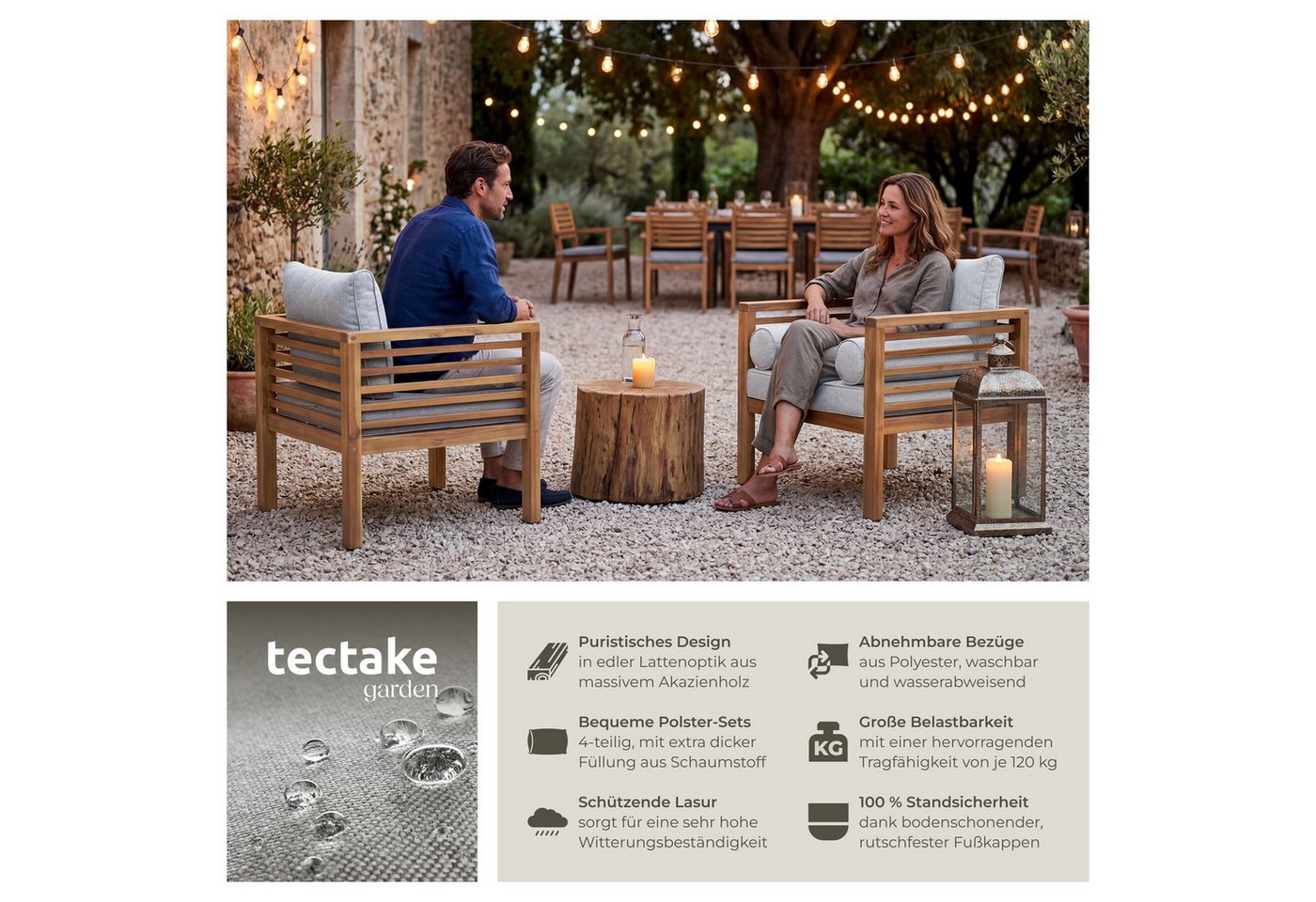 tectake Gartenstuhl Balkonstuhl, mit lasiertem Holzgestell, 72 x 63 x 64,5 cm (Terrassenstuhl Boka für Außen in Braun, 2 St), wetterfest, Dicke des Sitzpolsters – Bild 2 von 5