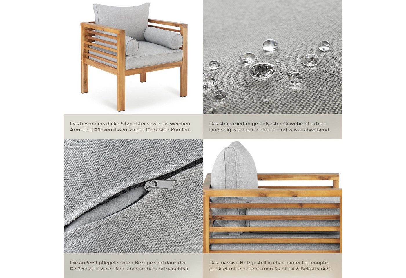 tectake Gartenstuhl Balkonstuhl, mit lasiertem Holzgestell, 72 x 63 x 64,5 cm (Terrassenstuhl Boka für Außen in Braun, 2 St), wetterfest, Dicke des Sitzpolsters – Bild 5 von 5
