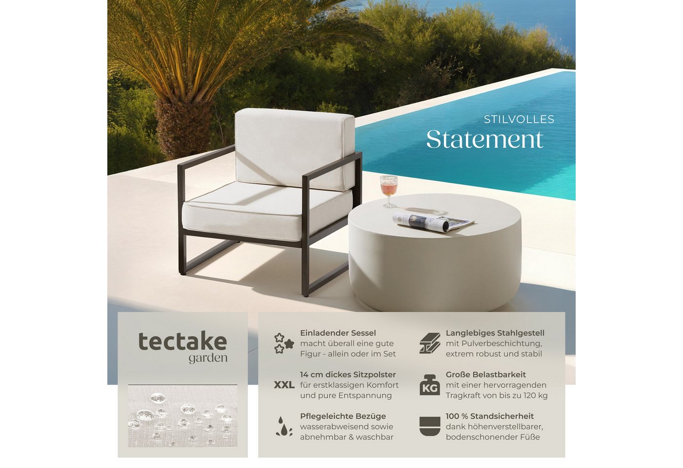 tectake Gartenstuhl Balkonstuhl, Dicke Sitzpolster, 120 kg Belastbarkeit, 74 x 78 x 85 (Terrassenstuhl Comosa für Außen in Braun/Beige, 1 St), höhenverstellbar, – Bild 2 von 5