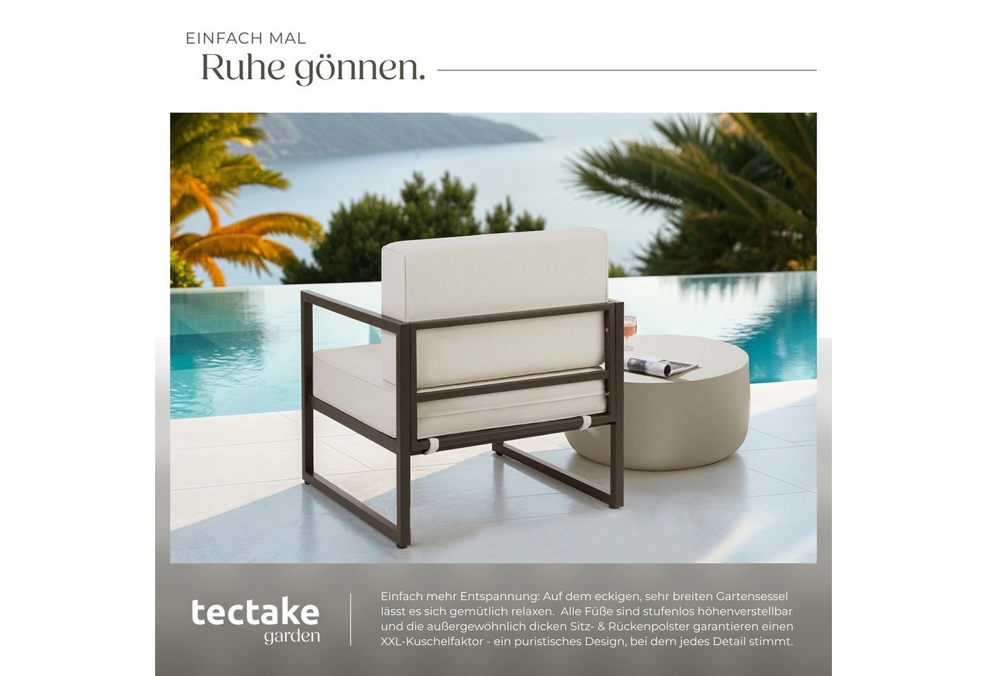tectake Gartenstuhl Balkonstuhl, Dicke Sitzpolster, 120 kg Belastbarkeit, 74 x 78 x 85 (Terrassenstuhl Comosa für Außen in Braun/Beige, 1 St), höhenverstellbar, – Bild 4 von 5
