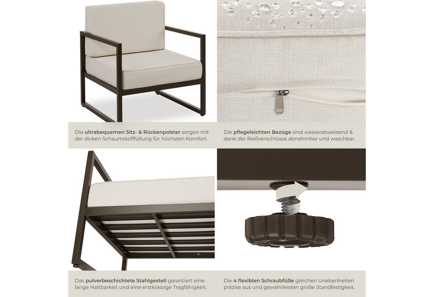 tectake Gartenstuhl Balkonstuhl, Dicke Sitzpolster, 120 kg Belastbarkeit, 74 x 78 x 85 (Terrassenstuhl Comosa für Außen in Braun/Beige, 1 St), höhenverstellbar, – Bild 5 von 5