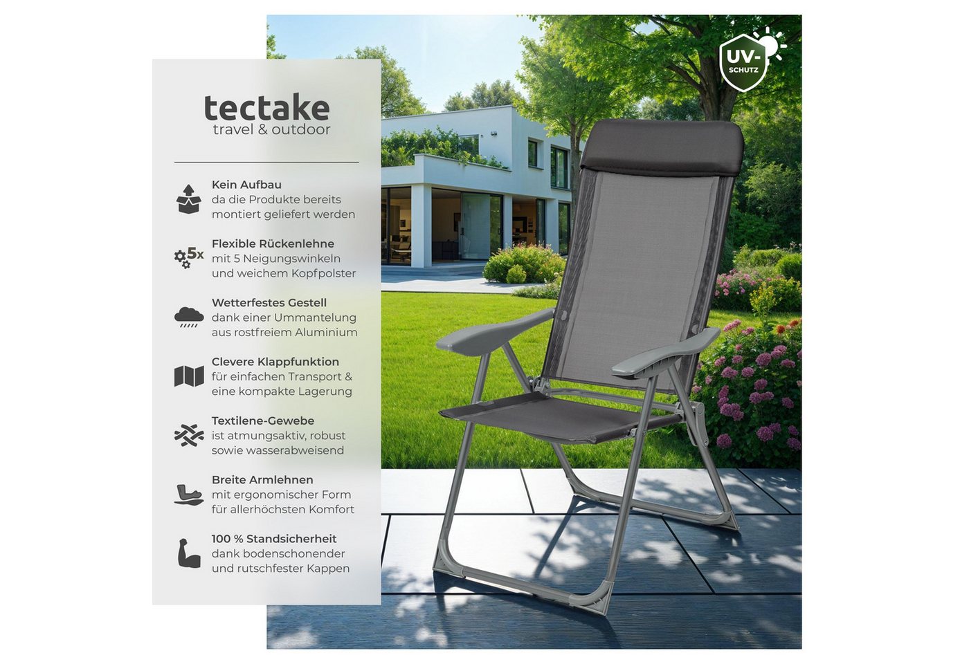 tectake Gartenstuhl Balkonstuhl, klappbar, Textilene-Gewebe, 73 x 59 x 110 cm (Terrassenstuhl Maurine für Außen in Antrazit, 4 St), wetterfest und UV-beständig, – Bild 2 von 5