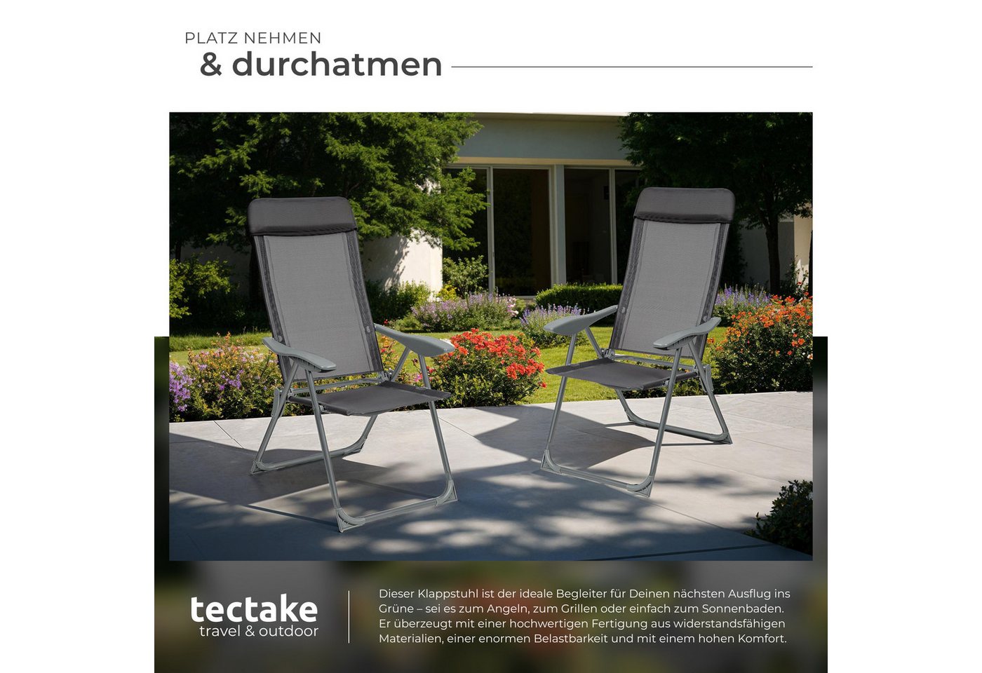 tectake Gartenstuhl Balkonstuhl, klappbar, Textilene-Gewebe, 73 x 59 x 110 cm (Terrassenstuhl Maurine für Außen in Antrazit, 4 St), wetterfest und UV-beständig, – Bild 4 von 5