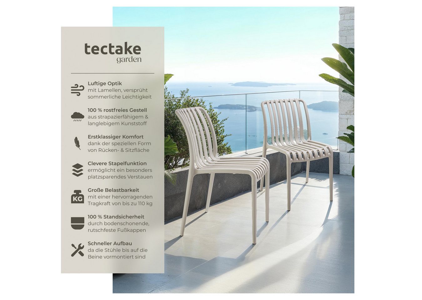 tectake Gartenstuhl Balkonstuhl, stapelbar, Belastbarkeit 110 kg, 47 x 58 x 80,5 cm (Terrassenstuhl Alcudia für Außen in Taupe, 2 St), wetterfest und UV-beständ – Bild 2 von 5