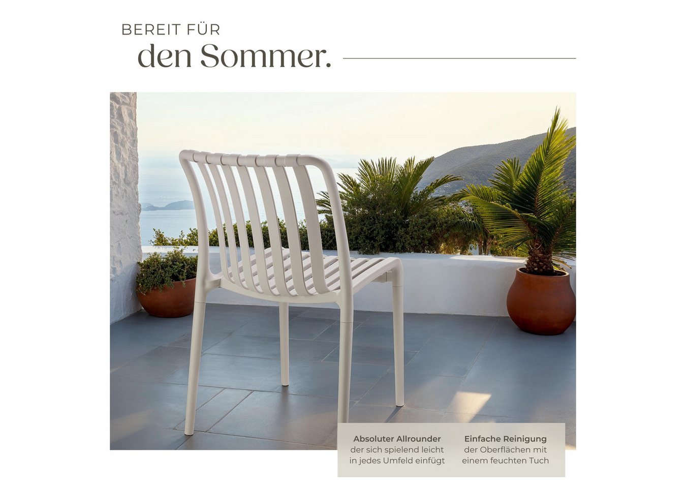 tectake Gartenstuhl Balkonstuhl, stapelbar, Belastbarkeit 110 kg, 47 x 58 x 80,5 cm (Terrassenstuhl Alcudia für Außen in Taupe, 2 St), wetterfest und UV-beständ – Bild 4 von 5