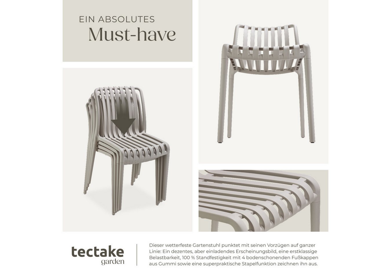tectake Gartenstuhl Balkonstuhl, stapelbar, Belastbarkeit 110 kg, 47 x 58 x 80,5 cm (Terrassenstuhl Alcudia für Außen in Taupe, 2 St), wetterfest und UV-beständ – Bild 5 von 5