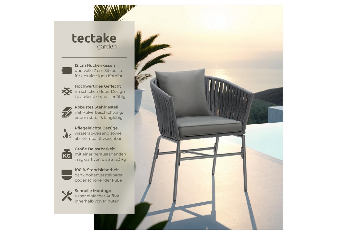 tectake Gartenstuhl Balkonstuhl im Rope-Design, Belastbarkeit je 120 kg, 60 x 61 x 77 cm (Terrassenstuhl Valeiras für Außen in Dunkelgrau/Dunkelgrau, 4 St), höh – Bild 2 von 5
