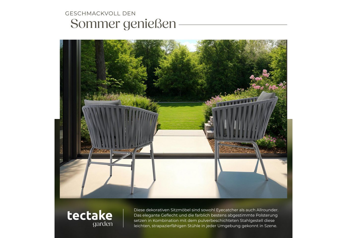 tectake Gartenstuhl Balkonstuhl im Rope-Design, Belastbarkeit je 120 kg, 60 x 61 x 77 cm (Terrassenstuhl Valeiras für Außen in Dunkelgrau/Dunkelgrau, 4 St), höh – Bild 4 von 5