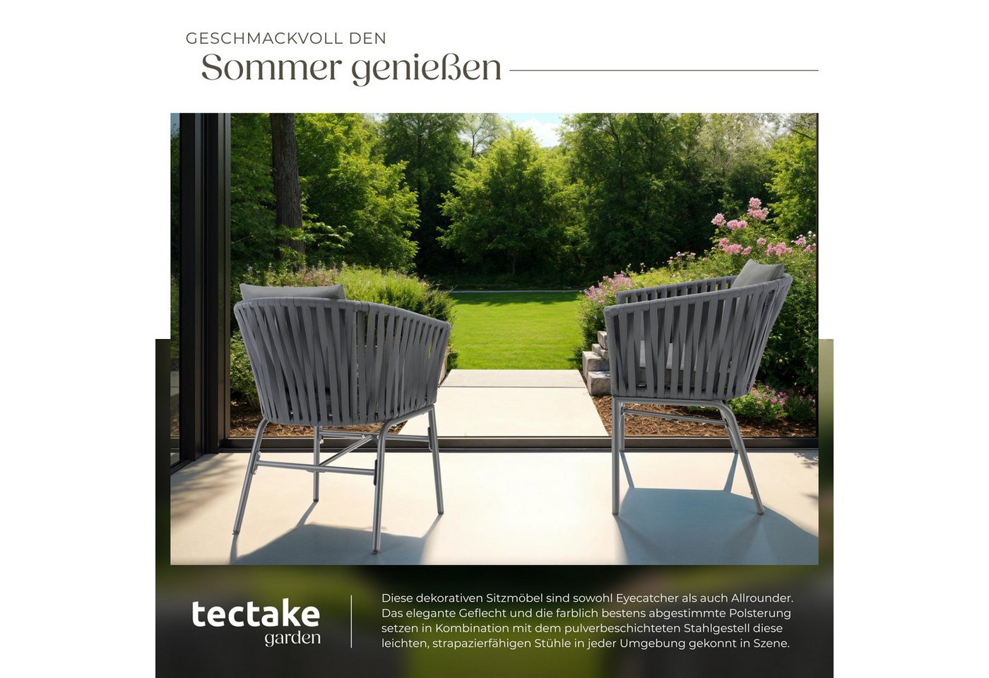 tectake Gartenstuhl Balkonstuhl im Rope-Design, Belastbarkeit je 120 kg, 60 x 61 x 77 cm (Terrassenstuhl Valeiras für Außen in Dunkelgrau/Dunkelgrau, 2 St), höh – Bild 4 von 5