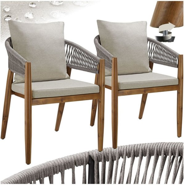 tectake Gartenstuhl Outdoor-Sessel aus Akazienholz, wetterfest, Rope-Design (Outdoor Stuhl Manacor, 2 St), höhenverstellbare Kunststofffüße, Belastbarkeit bis 1