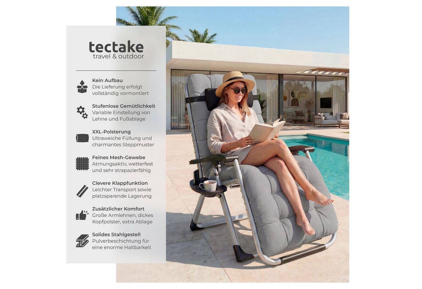 tectake Gartenstuhl Sonnenliege, klappbar, Belastbarkeit je 200 kg, 84 x 168 x 82,5 cm (Terrassenstuhl Cloud für Außen in Hellgrau, 2 St), widerstandsfähig, Sit – Bild 2 von 5
