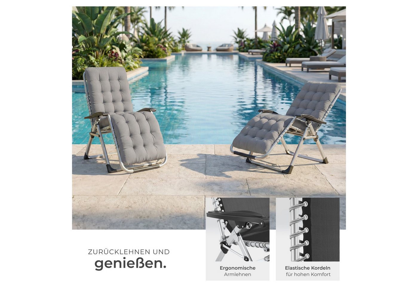 tectake Gartenstuhl Sonnenliege, klappbar, Belastbarkeit je 200 kg, 84 x 168 x 82,5 cm (Terrassenstuhl Cloud für Außen in Hellgrau, 2 St), widerstandsfähig, Sit – Bild 4 von 5