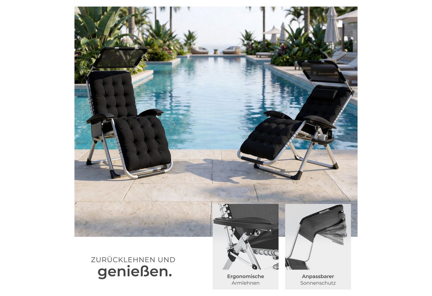 tectake Gartenstuhl Sonnenliege, klappbar, rutschfest, inkl. Ablagetisch und Stautasche (Terrassenstuhl Cloud II für Außen in Schwarz, 2 St), Belastbarkeit 200  – Bild 4 von 5