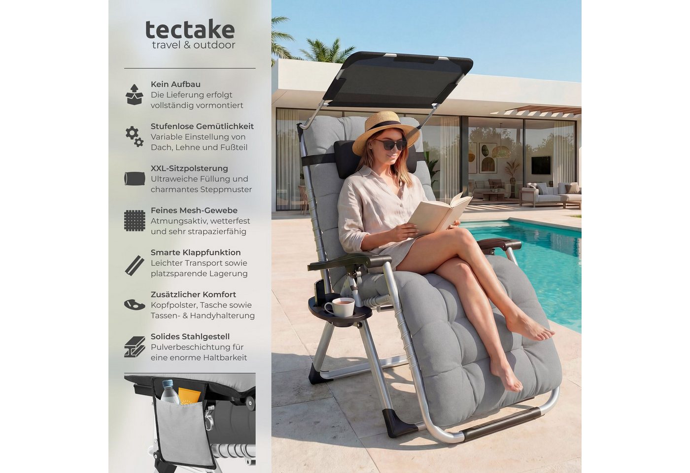 tectake Gartenstuhl Sonnenliege, klappbar, rutschfest, inkl. Ablagetisch und Stautasche (Terrassenstuhl Cloud II für Außen in Hellgrau, 2 St), Belastbarkeit 200 – Bild 2 von 5