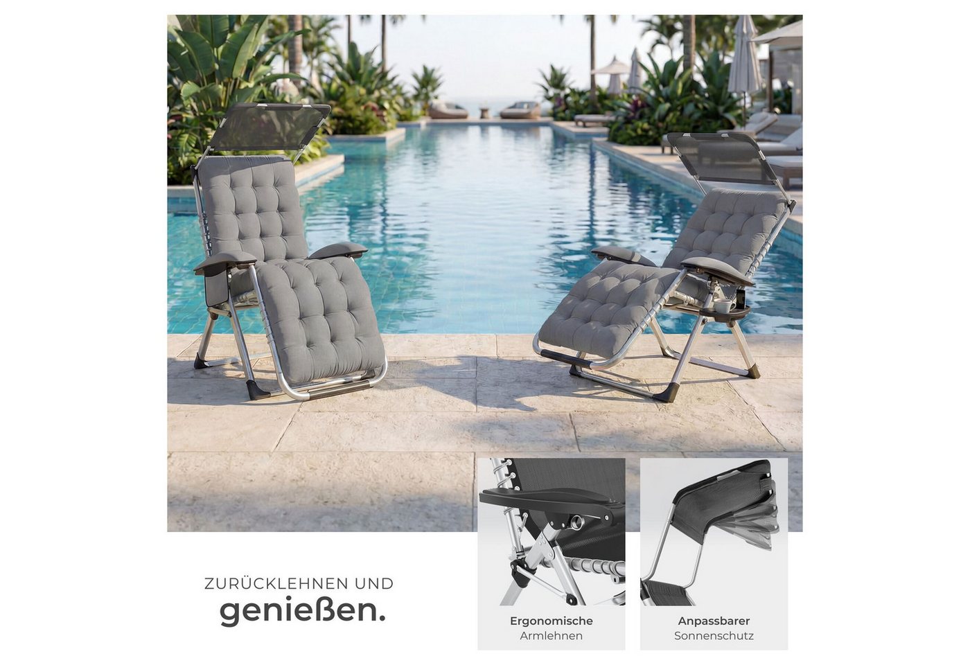 tectake Gartenstuhl Sonnenliege, klappbar, rutschfest, inkl. Ablagetisch und Stautasche (Terrassenstuhl Cloud II für Außen in Hellgrau, 2 St), Belastbarkeit 200 – Bild 4 von 5