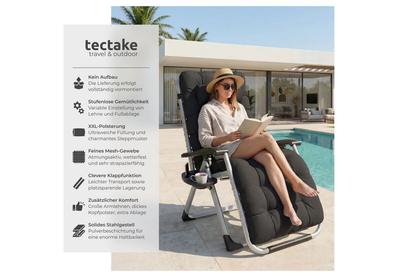 tectake Gartenstuhl Sonnenliege, klappbar, Belastbarkeit je 200 kg, 84 x 168 x 82,5 cm (Terrassenstuhl Cloud für Außen in Schwarz, 2 St), widerstandsfähig, Sitz – Bild 2 von 5