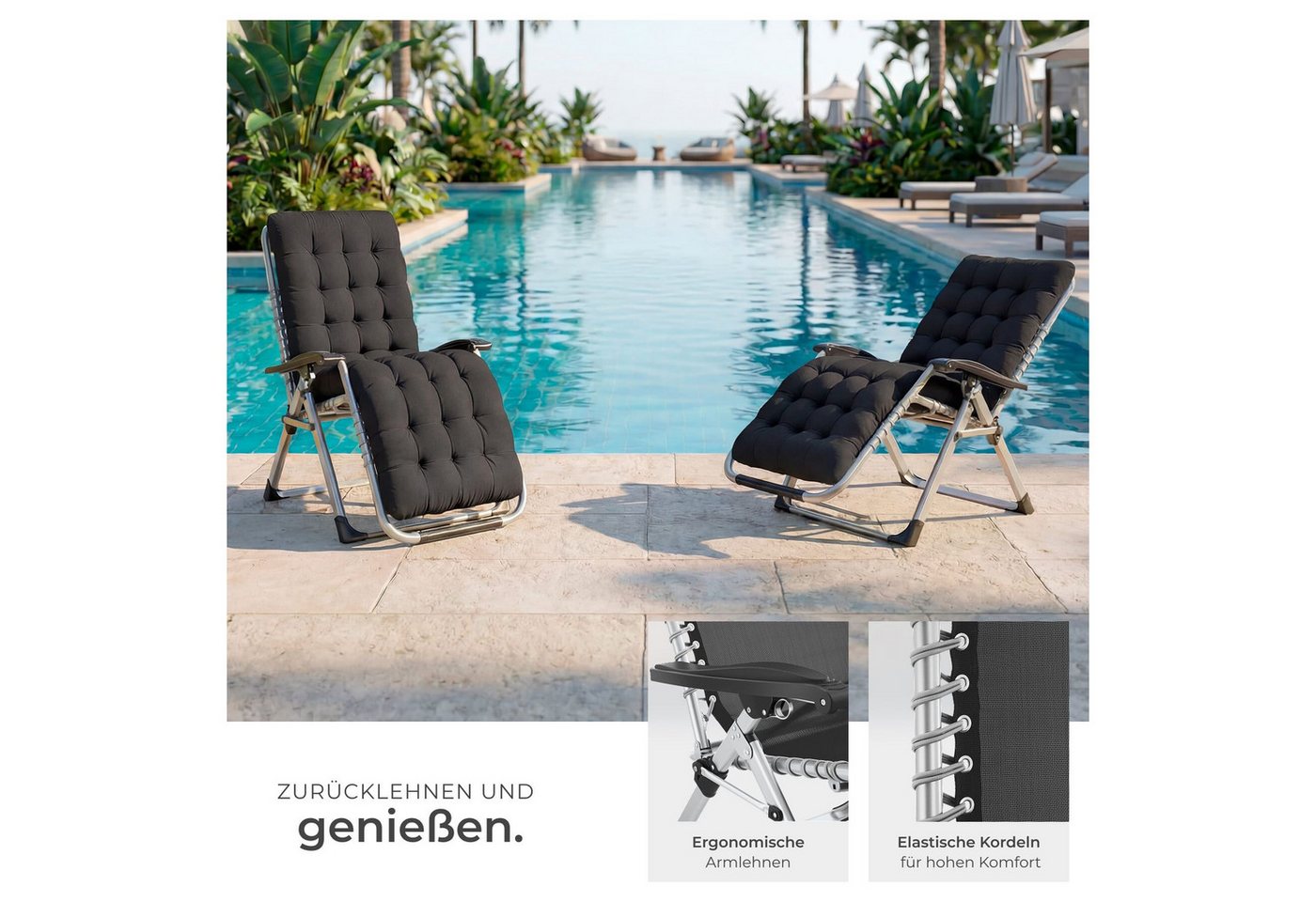 tectake Gartenstuhl Sonnenliege, klappbar, Belastbarkeit je 200 kg, 84 x 168 x 82,5 cm (Terrassenstuhl Cloud für Außen in Schwarz, 2 St), widerstandsfähig, Sitz – Bild 4 von 5