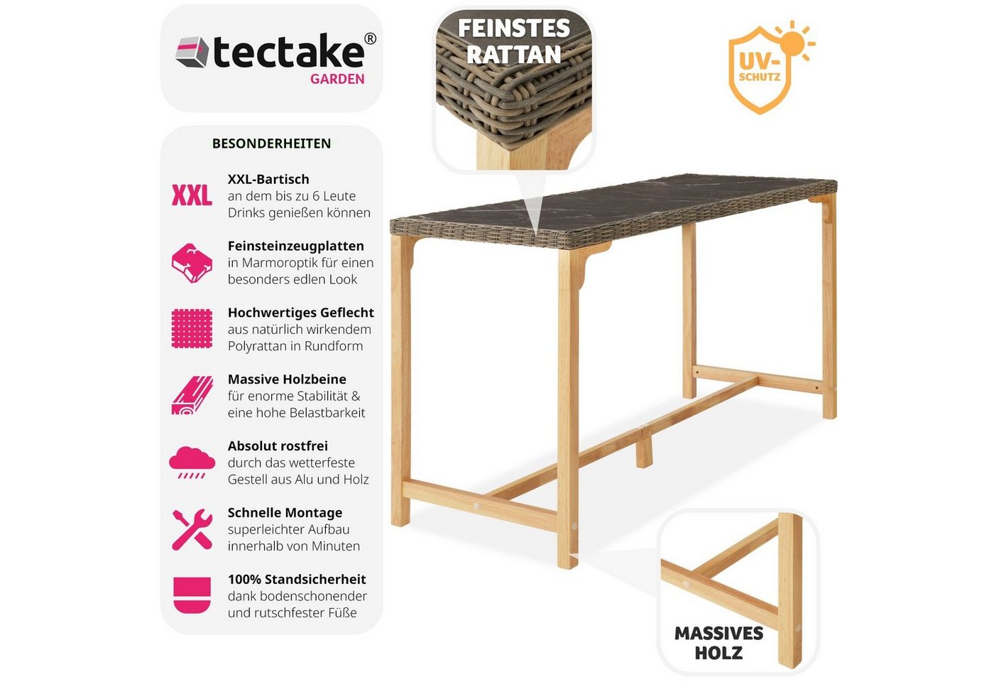 tectake Gartentisch Rattan Bartisch mit Aluminium- und Holzgestell, 161x64,5x99,5cm (Outdoor Esstisch Lovas, 1-St., für Außen in Natur), abnehmbare Feinsteinzeu – Bild 2 von 5