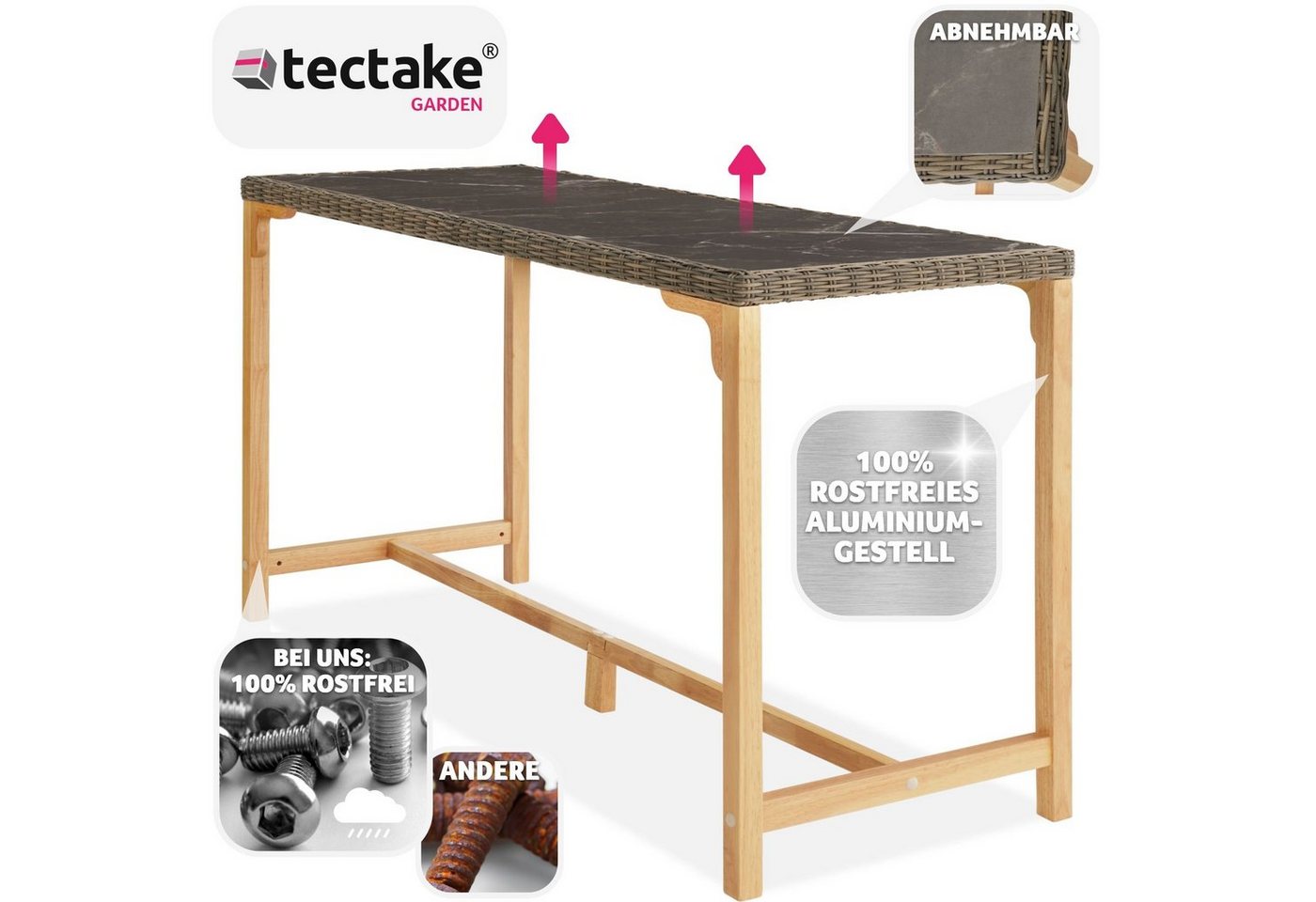 tectake Gartentisch Rattan Bartisch mit Aluminium- und Holzgestell, 161x64,5x99,5cm (Outdoor Esstisch Lovas, 1-St., für Außen in Natur), abnehmbare Feinsteinzeu – Bild 3 von 5