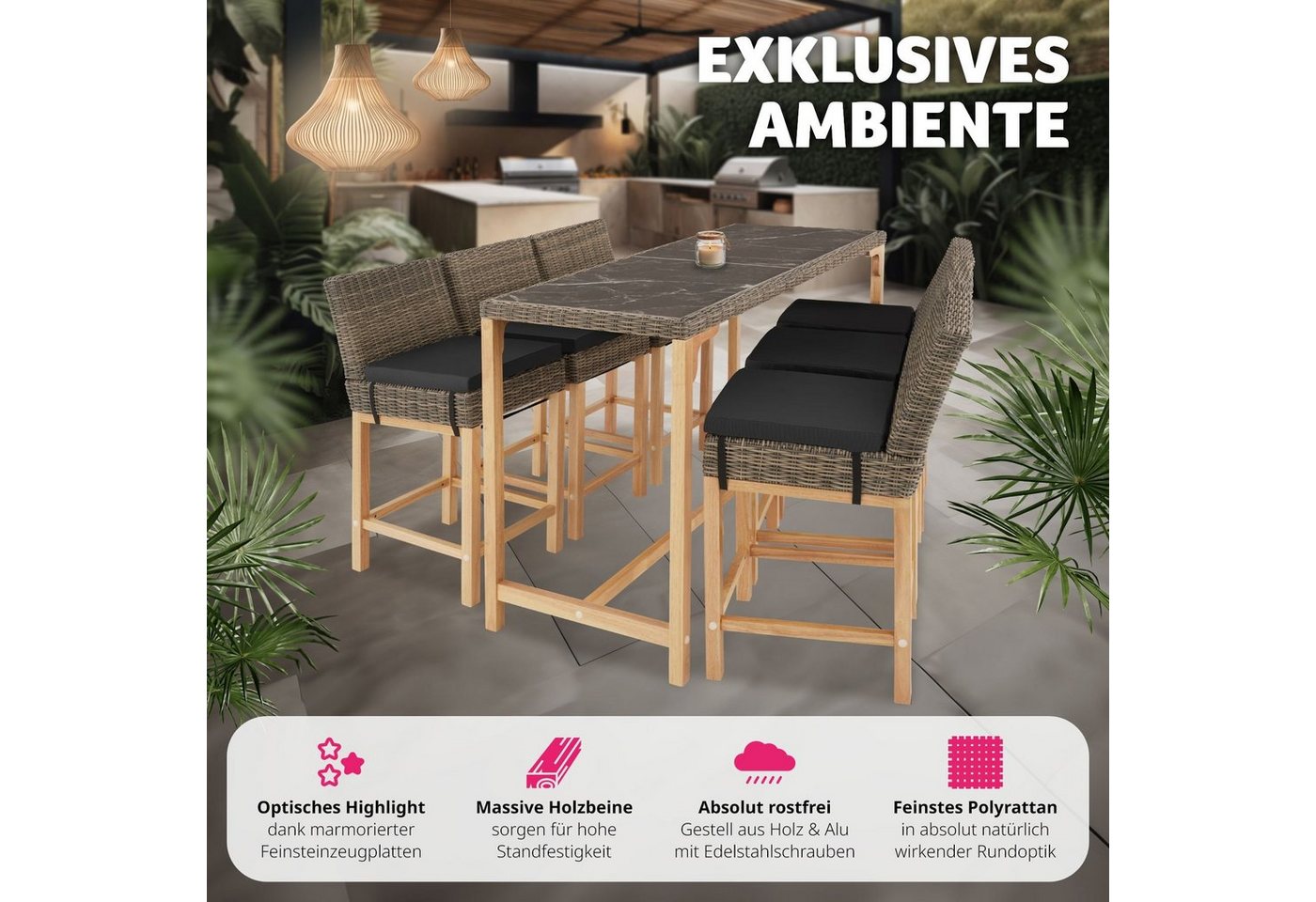 tectake Gartentisch Rattan Bartisch mit Aluminium- und Holzgestell, 161x64,5x99,5cm (Outdoor Esstisch Lovas, 1-St., für Außen in Natur), abnehmbare Feinsteinzeu – Bild 4 von 5