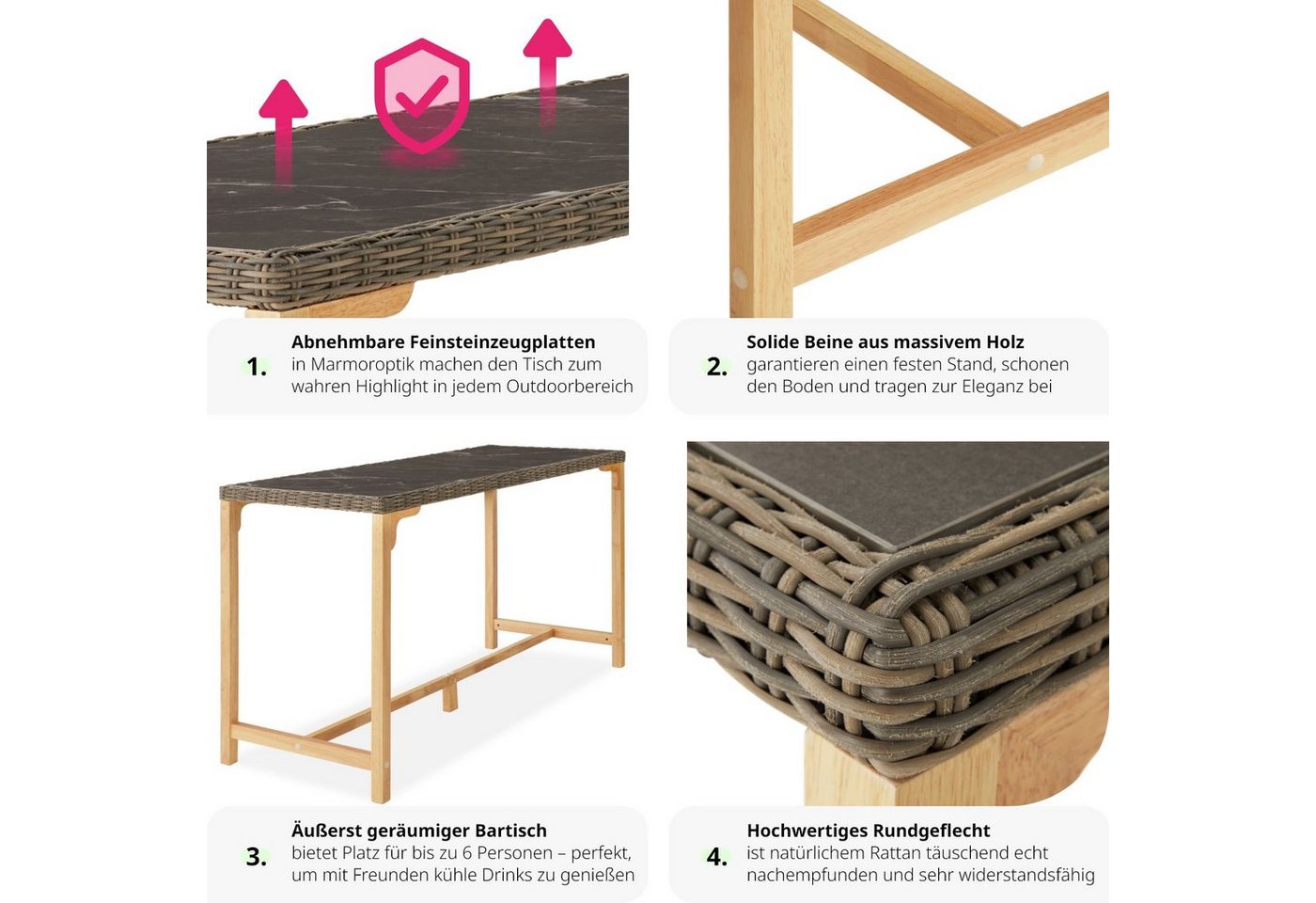tectake Gartentisch Rattan Bartisch mit Aluminium- und Holzgestell, 161x64,5x99,5cm (Outdoor Esstisch Lovas, 1-St., für Außen in Natur), abnehmbare Feinsteinzeu – Bild 5 von 5