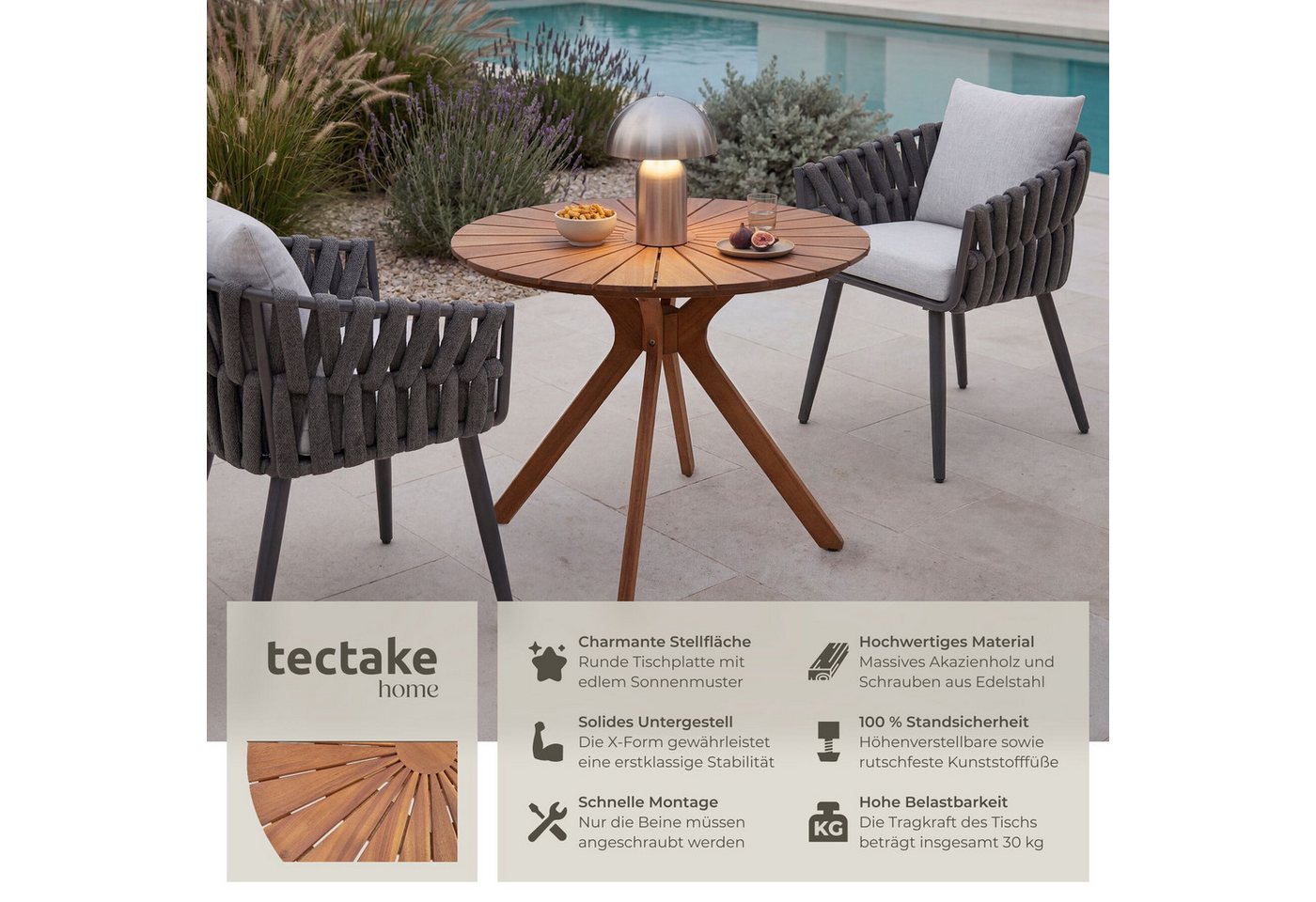 tectake Gartentisch runder outdoor Esstisch aus massivem Akazienholz, 70 x 70 x 62 cm (Terrassentisch Pollensa, 1-St., in braun), Tischplatte mit Sonnenmuster,  – Bild 2 von 5