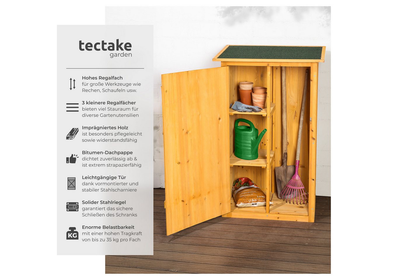 tectake Geräteschrank Gartenschrank, 75 x 56 x 118 cm, gefertigt aus imprägniertem (Terrassenschrank Taman, 1-St., in braun) Zwei Regalböden, Dachpappe aus Bitu – Bild 2 von 5