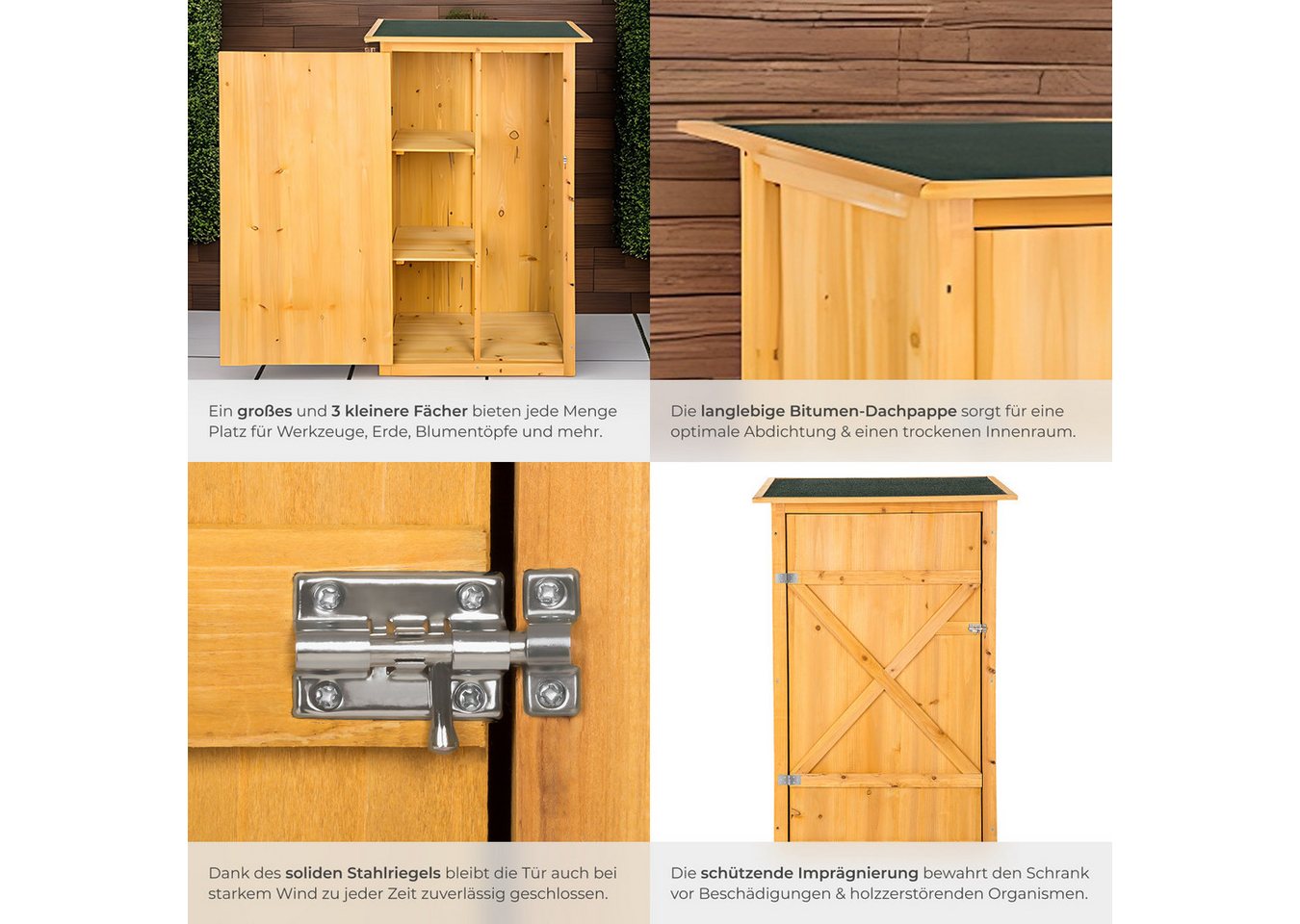 tectake Geräteschrank Gartenschrank, 75 x 56 x 118 cm, gefertigt aus imprägniertem (Terrassenschrank Taman, 1-St., in braun) Zwei Regalböden, Dachpappe aus Bitu – Bild 4 von 5
